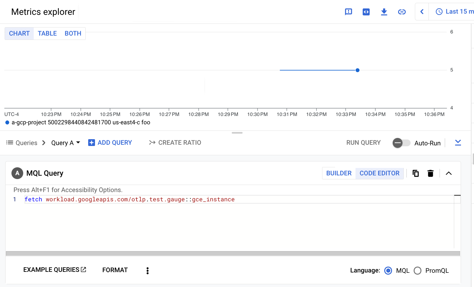 Diagram MQL Metrics Explorer untuk metrik pengukur OTLP yang diserap menggunakan Monitoring API.