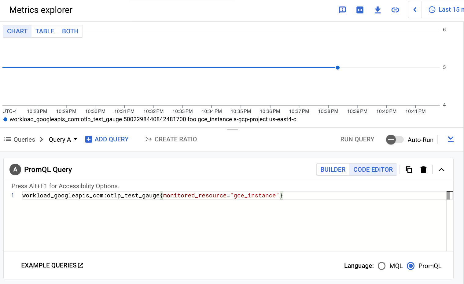 Diagram PromQL Metrics Explorer untuk metrik pengukur OTLP yang diserap menggunakan Monitoring API.