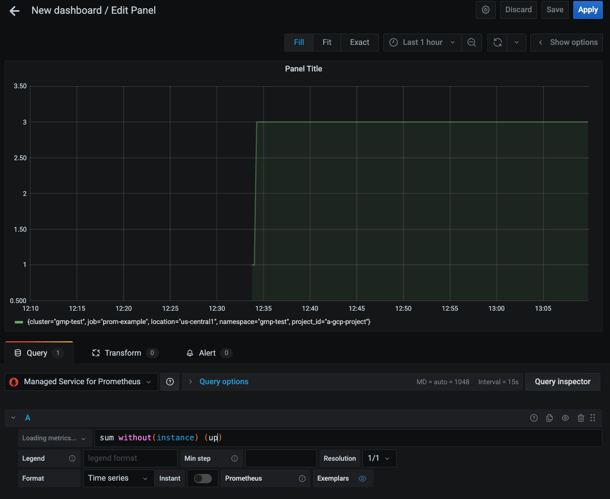 Graphique Grafana pour la métrique &quot;up&quot; de Managed Service pour Prometheus.