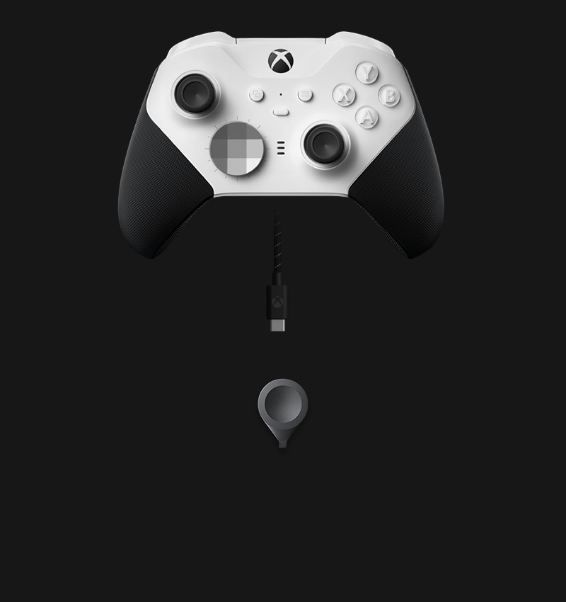 Xbox Elite Wireless Controller Series 2 – Core (White) with all of its included components: USB-C cable and thumbstick adjustment tool.