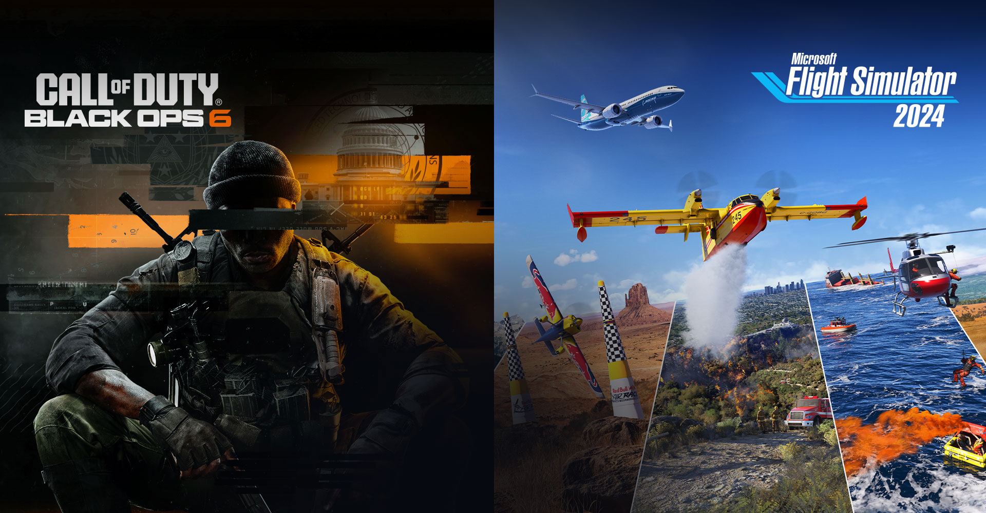 Call of Duty Black Ops 6 logo, Microsoft Flight Simulator 2024 logo, A black ops soldier crouching down with two pistols in their hands next to planes, blimps, and hot air ballons flying over multiple different scenes of nature.