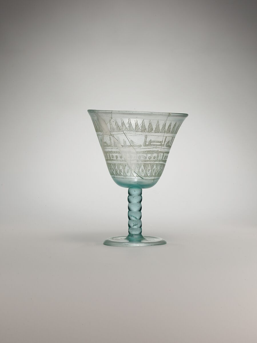 Goblet with Incised Designs, Glass, bluish green; blown, applied solid stem and blown foot, scratch-engraved