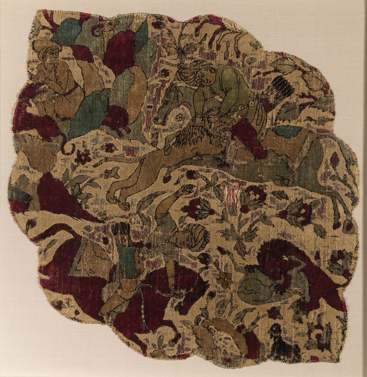 Velvet Panel with Hunting Scene, Silk, flat metal thread; cut and voided velvet