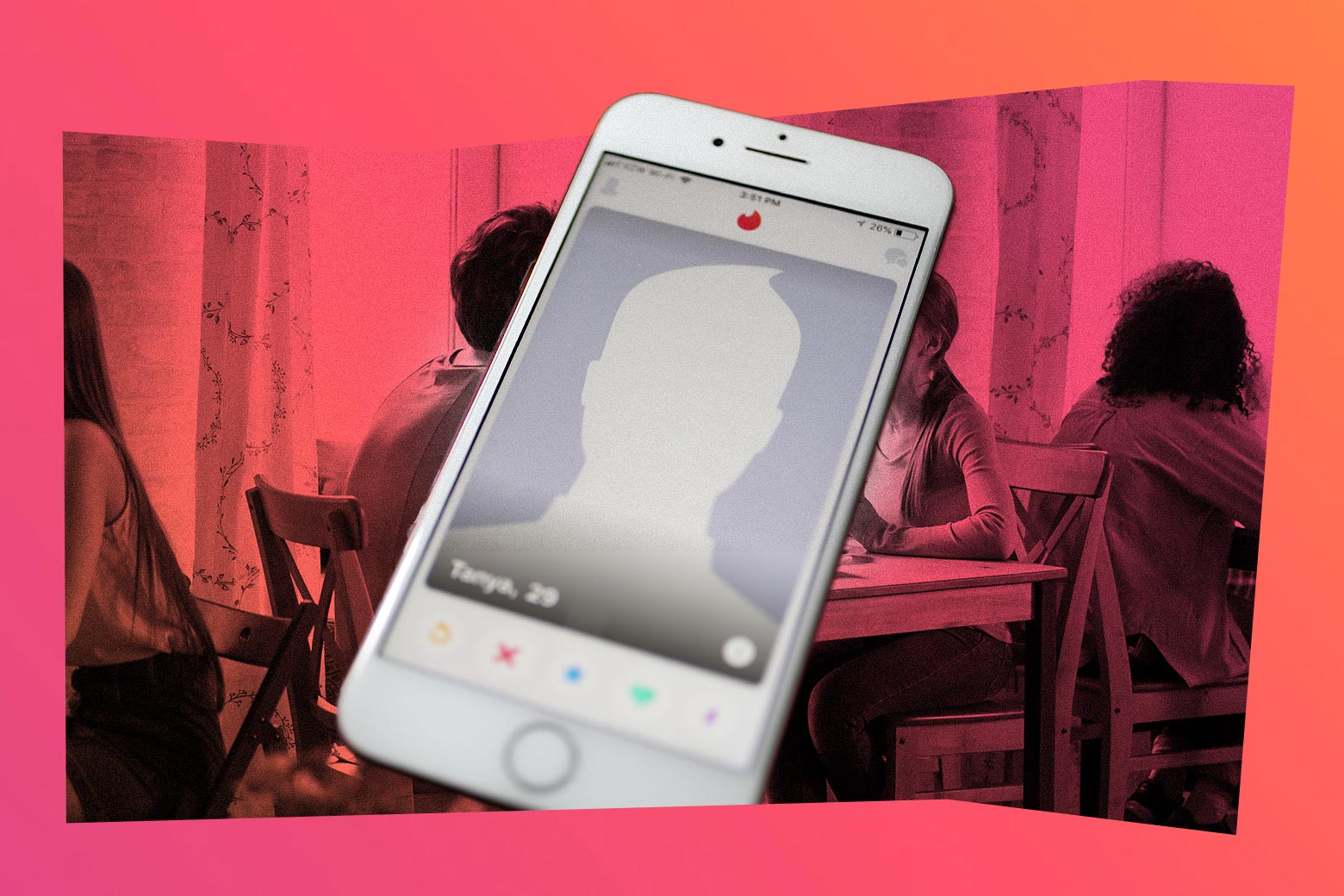 A phone screen open to a person's Tinder profile, over a background photo of a speed-dating event.