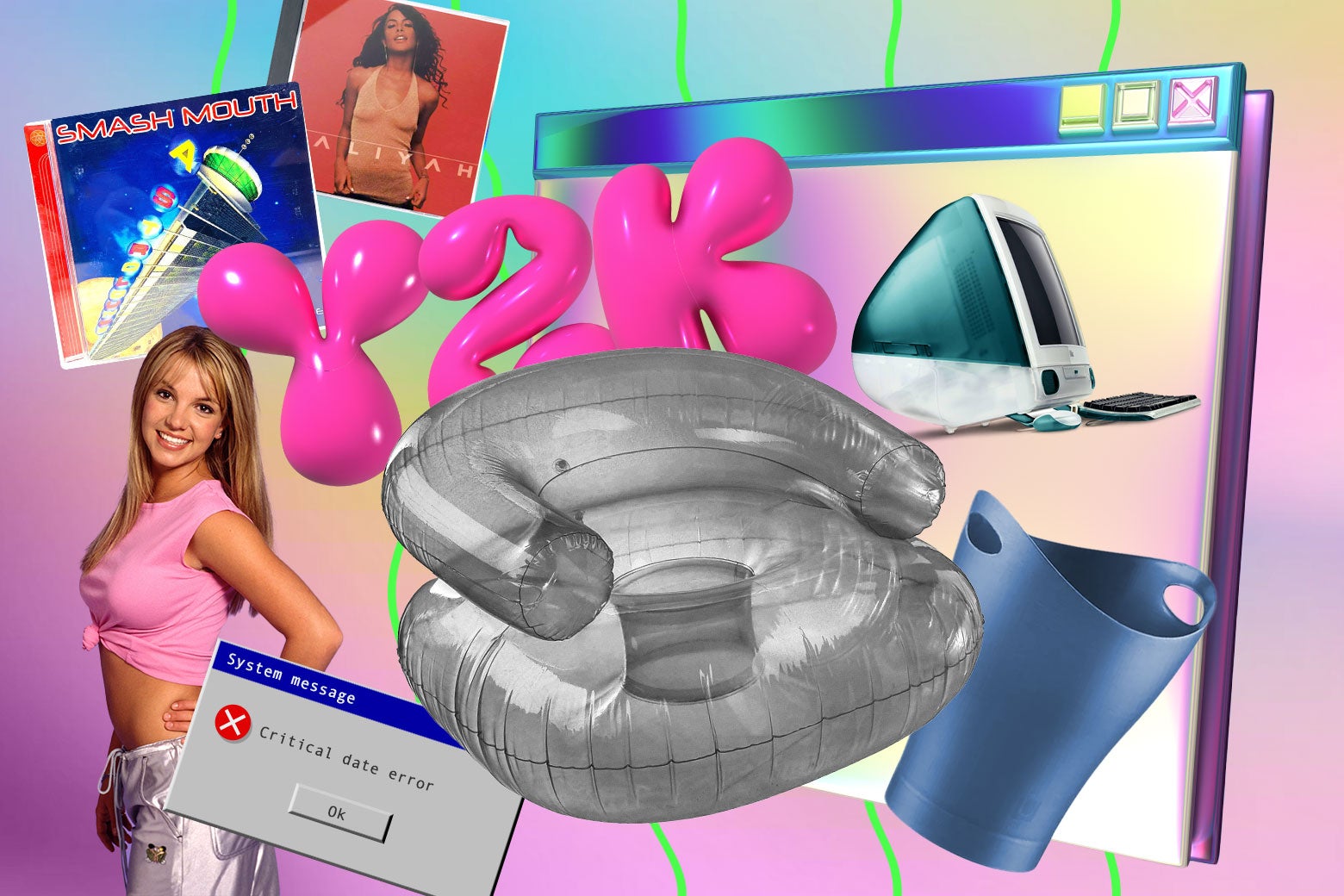 A collage of Y2K-era things, like an inflatable silver chair, Britney Spears in 1999, the Garbino trash can, a "critical date error" message on a computer, an early hard plastic Mac computer, Smash Mouth's Astro Lounge CD, an Aaliyah album cover, and a neon pink bubble Y2K.