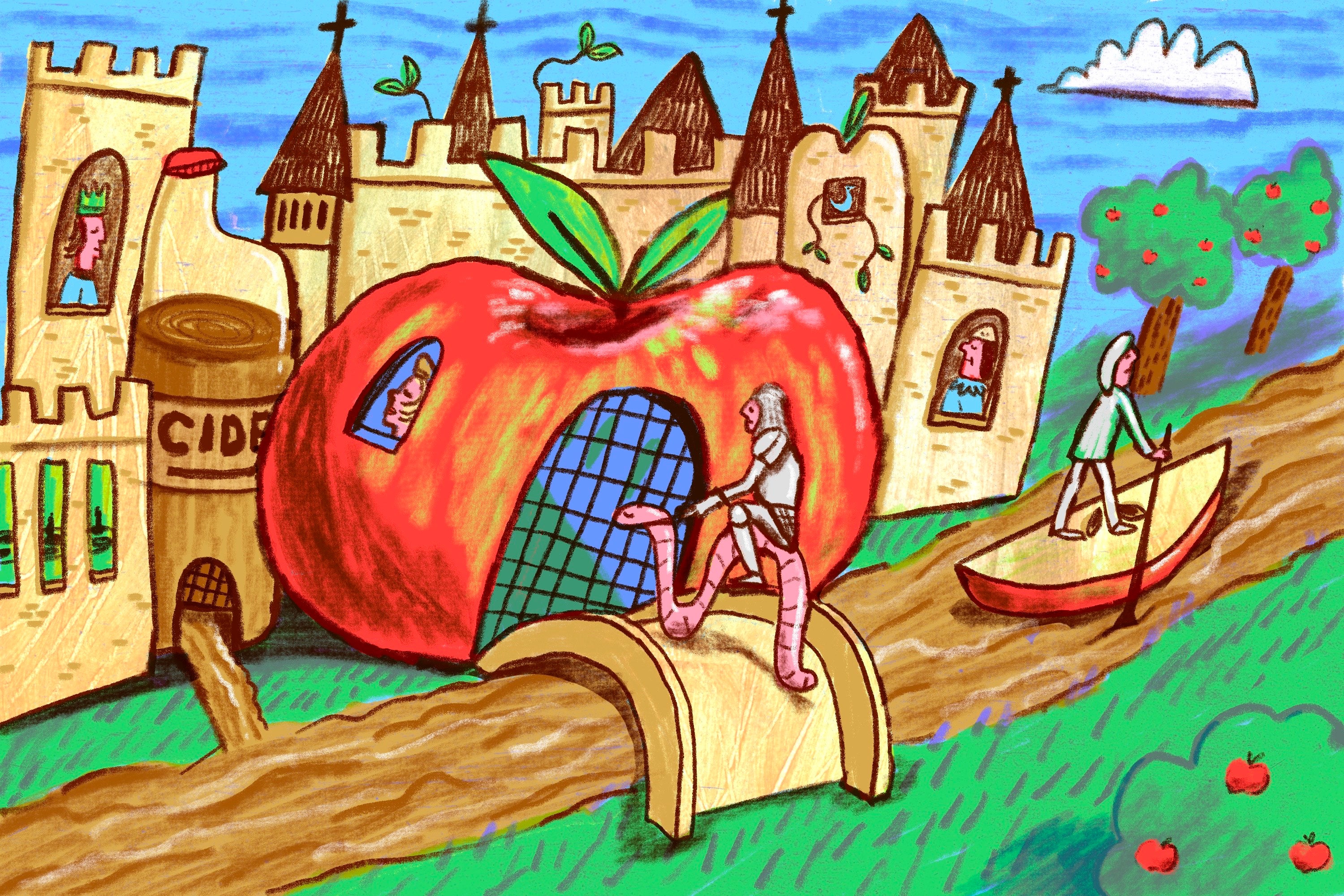 A knight rides a worm over a moat of cider and into a big red apple at the gates of a castle.