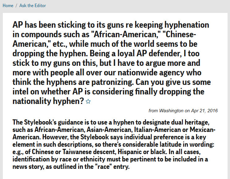 Screenshot of a Q&A defending the use of hyphenation to indicate dual heritage, with preference given for individual preference.