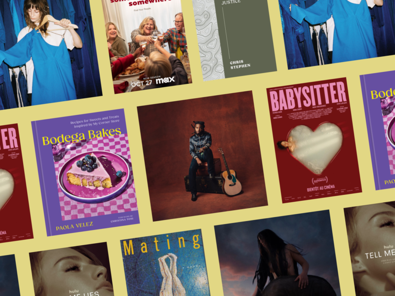 A grid image of various books, movie and TV posters, and album covers, on a light green background.