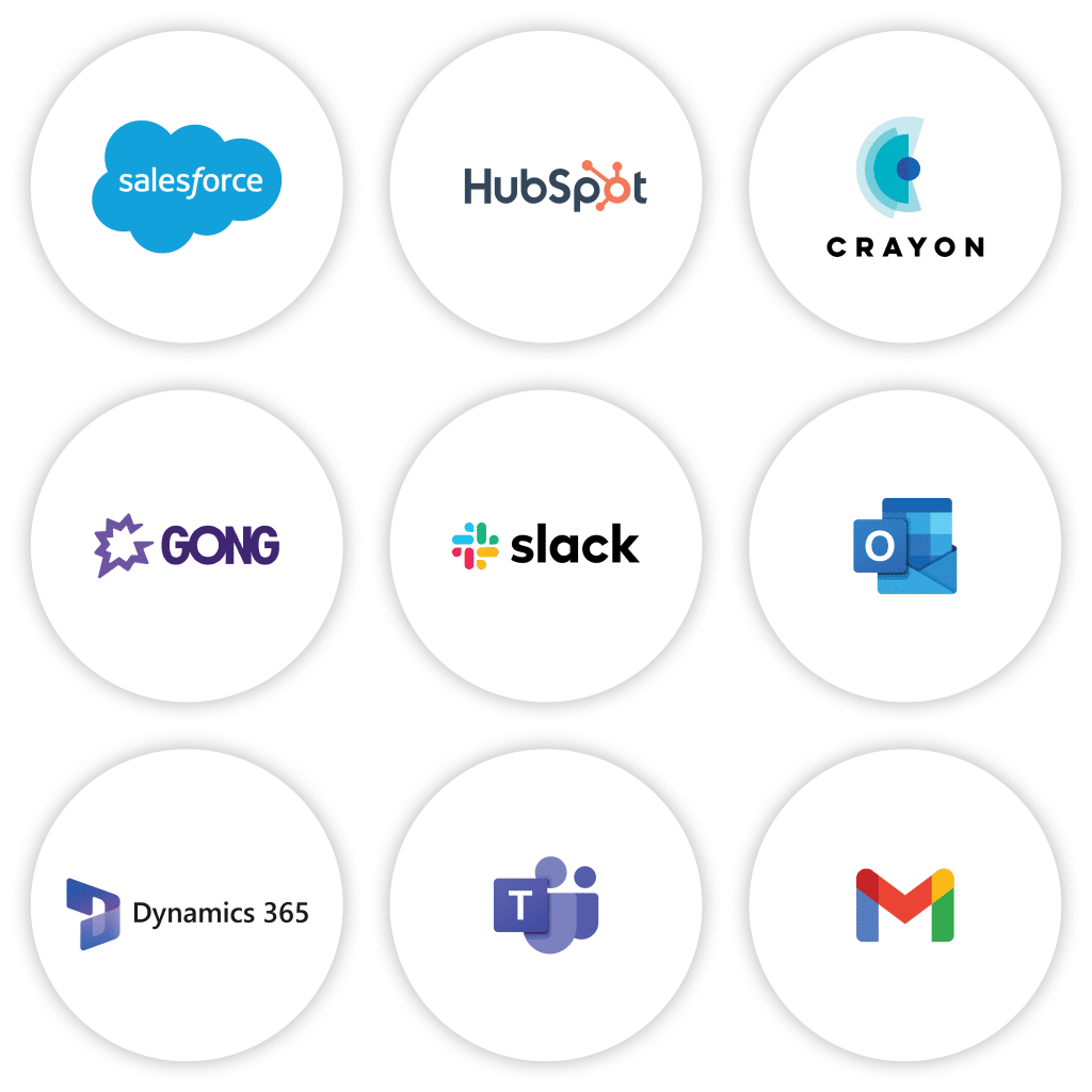 A group of apps logos that can be connected with TruVoice, including: Salesforce, Hubspot, Crayon, Gong, Slack, Microsoft Outlook, Microsoft Dynamics 365, Microsoft Teams, and Gmail