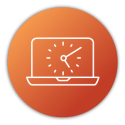 a laptop displaying an analog clock over a orange circle - Icon