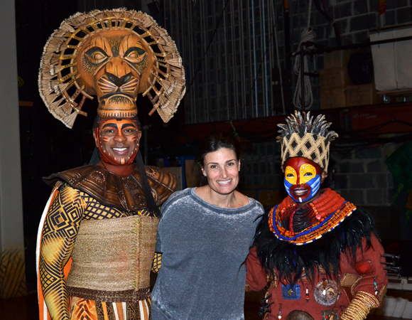 Lion King stars Alton Fitzgerald White (Mufasa) and Mukelisiwe Goba (Rafiki) flank backstage guest Idina Menzel at the Minskoff Theatre. 