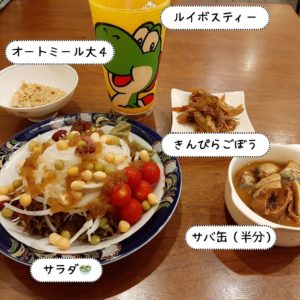 夕食はオートミールとサラダとサバ缶