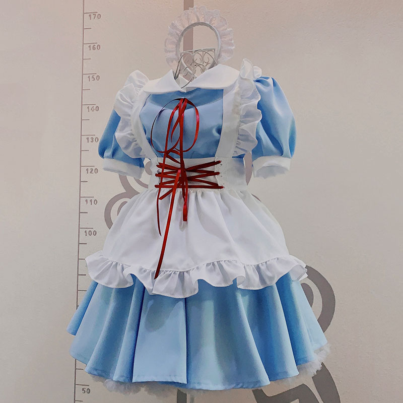 アリス風メイド服　丸襟　白エプロン　赤紐　ブルーワンピース