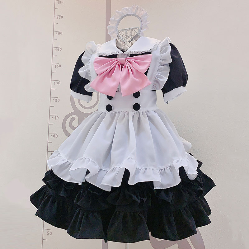 萌え萌え黒白メイド服　ピンク蝶結び　荷葉フリル