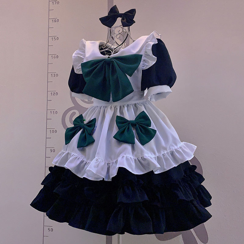 ブルーメイド服　4個蝶結び付け　シンプル　緑色カチューシャ　喫茶店専用　ワンピース