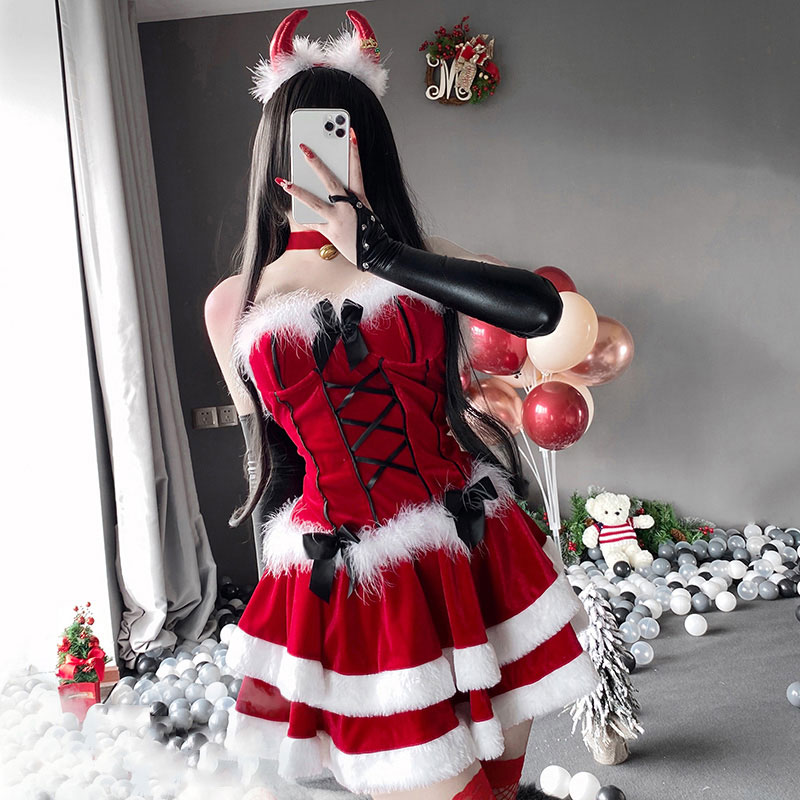 大人気　悪魔風　サンタ服　赤色　角付け　赤×白　セクシー　クリスマス　パーティー　イベント　ワンピース