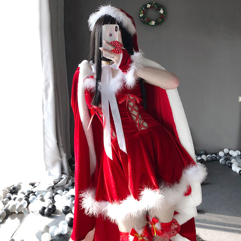 クリスマス　サンタコスプレ　紐リボン　赤色網ソックス付け　セクシー　豪華セット