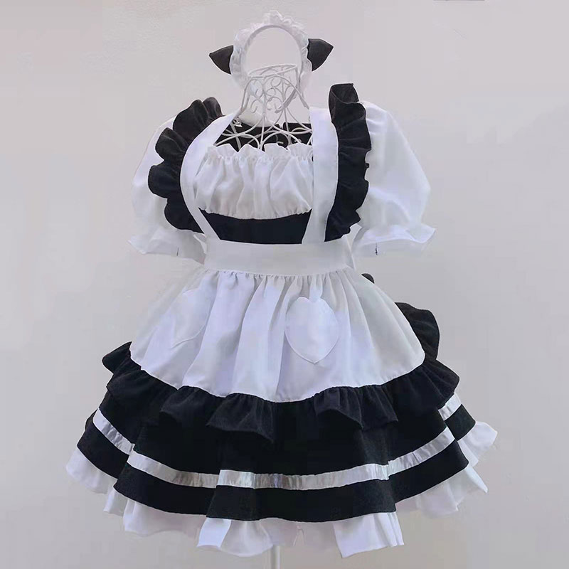 黒白メイド服　ショート丈　胸元ギャザーワンピース