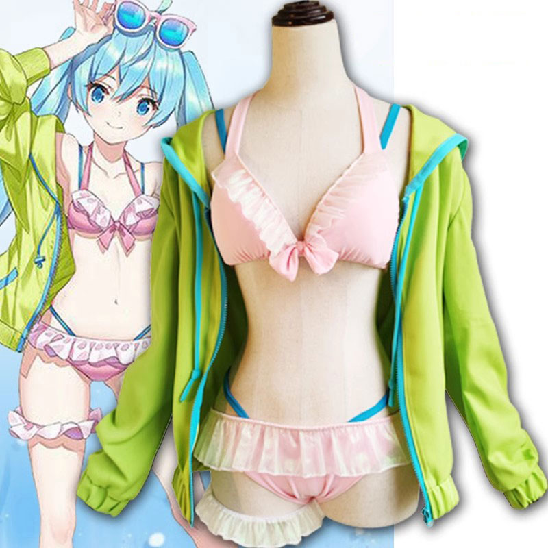 VOCALOID  ボーカロイド  初音ミク 夏服 水着 コスプレ衣装 ACG 可愛い  ピンク  緑 スーツ