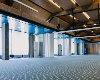 A large room with a blue floor.