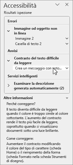 Riquadro di accessibilità con i risultati dell'ispezione