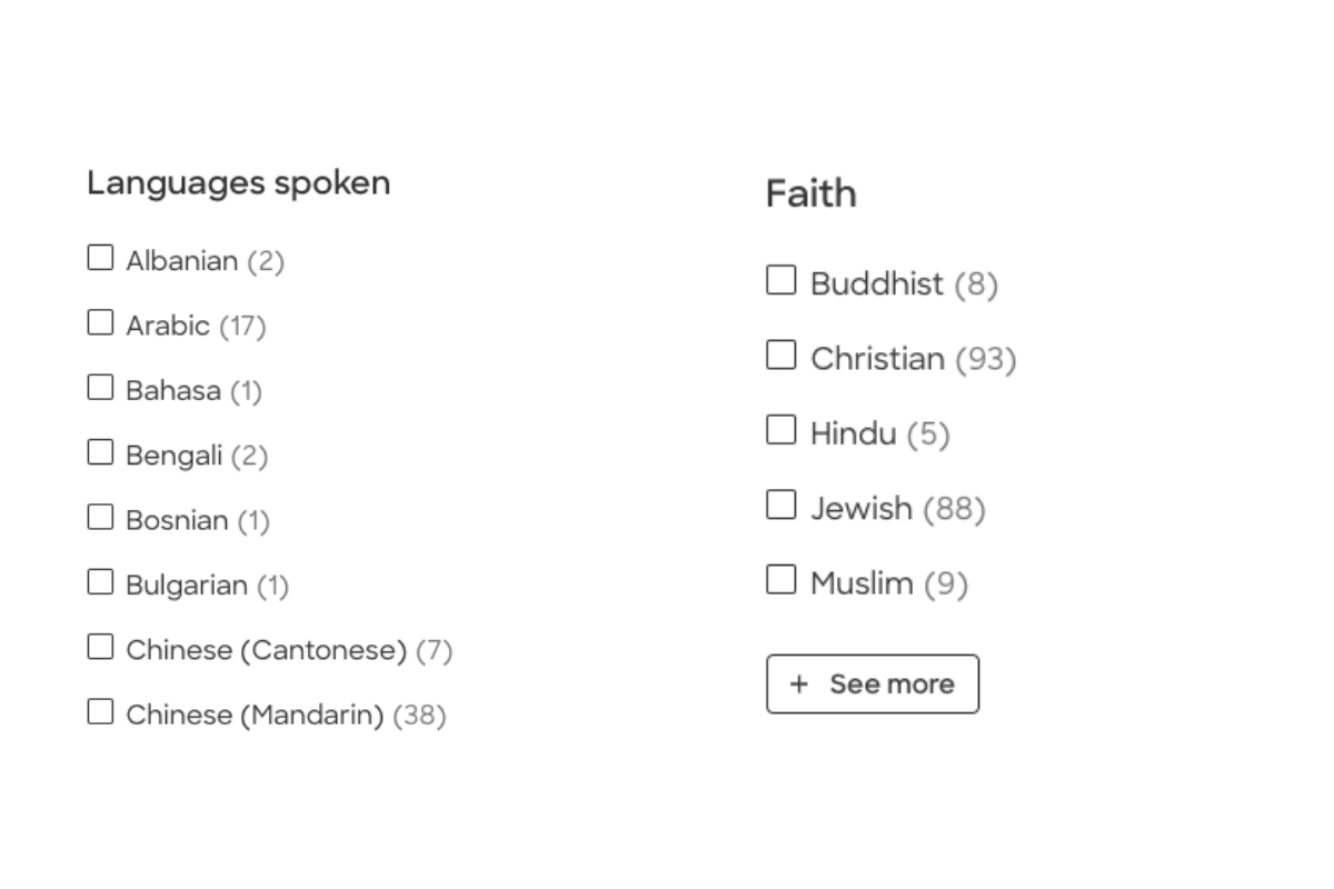 Provider filter options for faith and languages spoken on Zocdoc. 