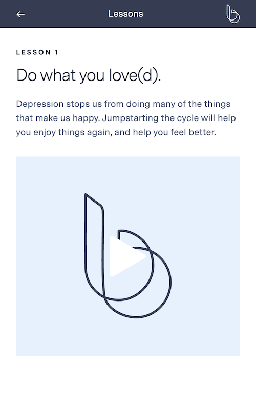 A self-guided therapy lesson from Brightside's app reminding users to do what they love.