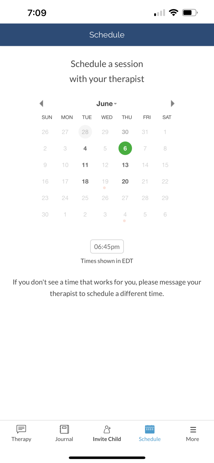 A webpage showing a calendar for users to schedule a therapy session through Teen Counseling.