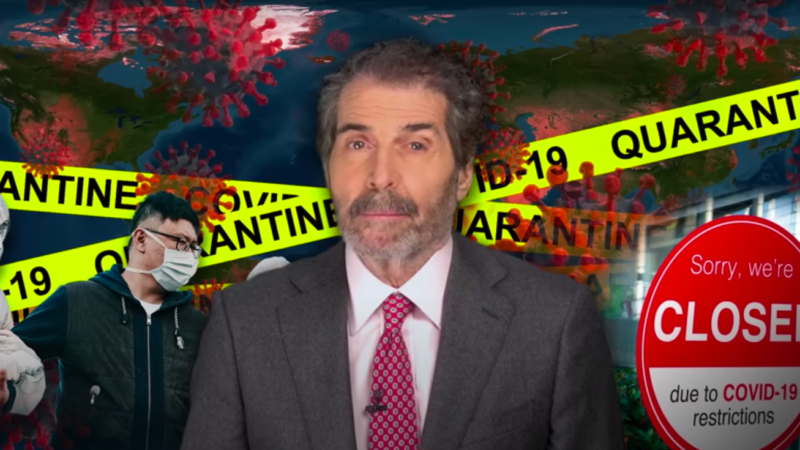 John Stossel stands in front of coronavirus particles with caution tape and a sign for COVID-19 restrictions | Stossel TV