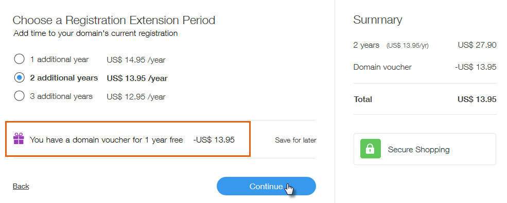 Imagen de las opciones de período de registro extendido para el dominio que se transfiere a Wix.