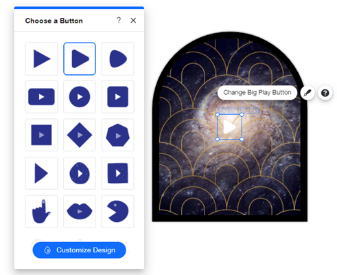 Big Play-knop wijzigen geselecteerd in de Wix Editor, reeks verschillende afspeelknoppen weergegeven in paneel.