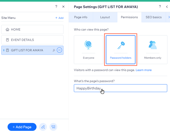 A aba Permissões no painel de configurações da página no Editor. O cursor está passando sobre o campo da senha.