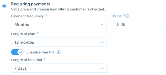 Captura de pantalla que muestra cómo crear un plan de precios recurrente en el panel de control.