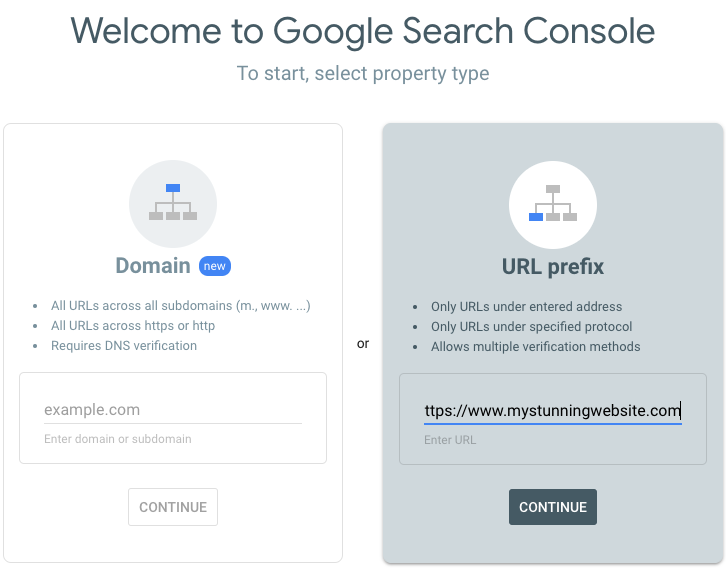 Uma captura de tela da página de configuração do Google Search Console, com um URL inserido no campo Prefixo do URL.