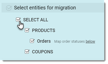 Screenshot of the Cart2Cart setting in Wix where you select what you want to import