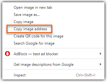 Screenshot of the options when you right click an image, with the copy image address option outlined