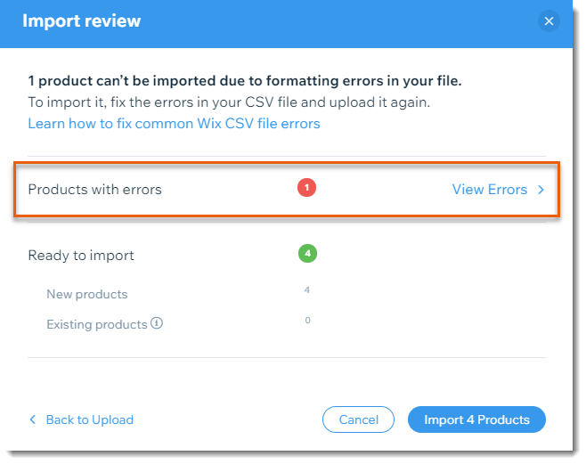 Screenshot of the error list when importing product in Wix Stores