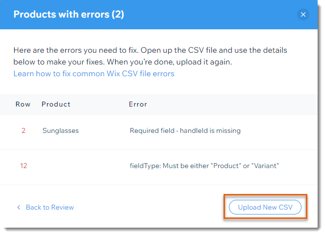 Screenshot of the error list when importing product in Wix Stores