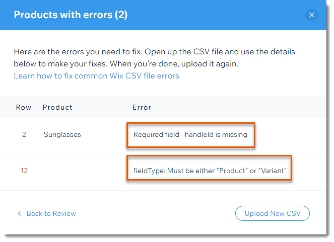 Screenshot of the error list when importing product in Wix Stores