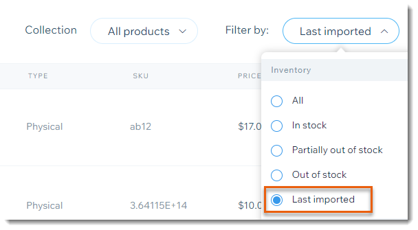 Screenshot of the filter dropdown in the Wix store products tab