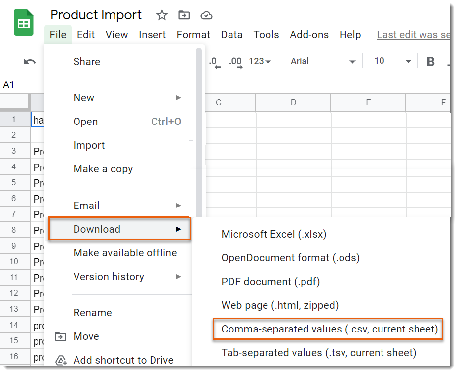 Screenshot of file menu options in Excell with the CSV option outlined