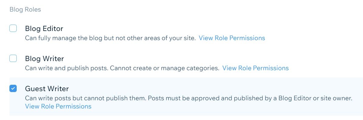 Selecting a blog role in Roles and Permissions