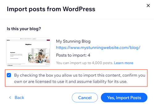 Confirming that you own or are licensed to use the posts that you want to import