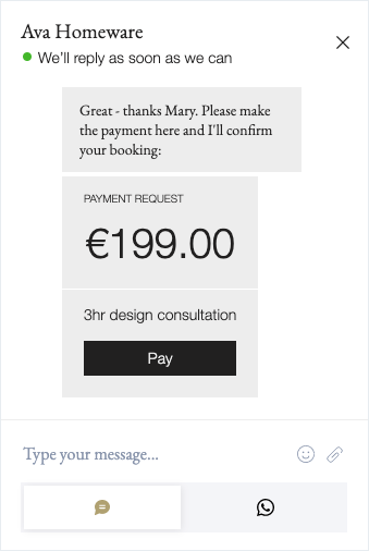 A screenshot of a chatbox with a payment request element attached.