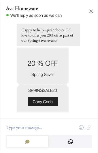 A screenshot of a chatbox with a coupon code element attached.