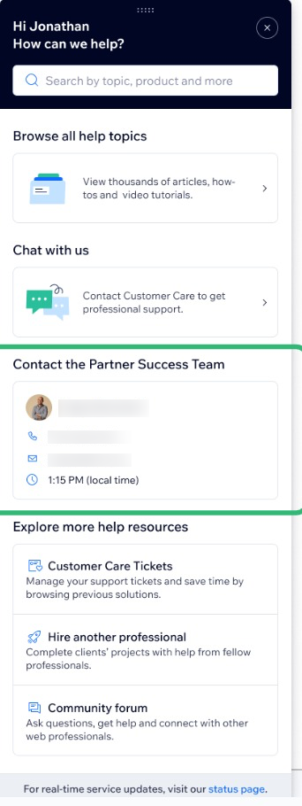 A screenshot of the Partner Success Team section in the Help Widget of the Wix Studio workspace.