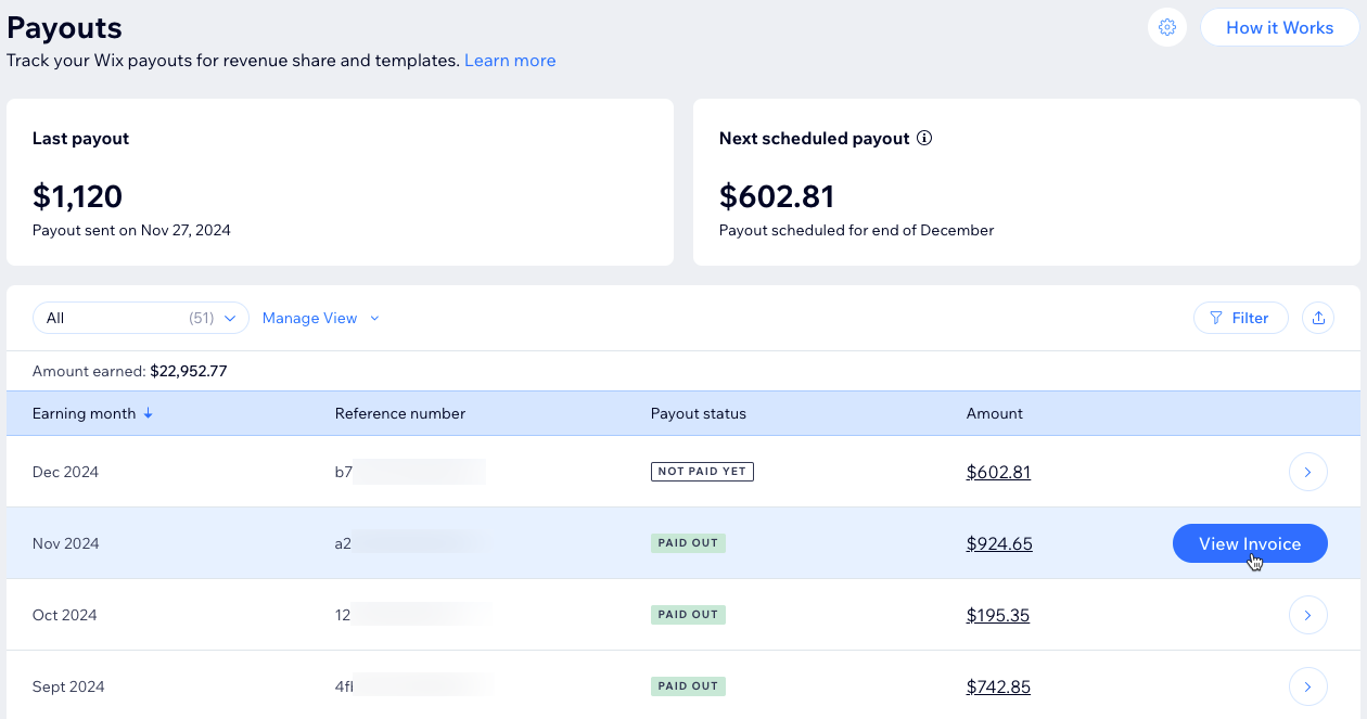 A screenshot of the Payouts tab under Earnings in the Wix Studio workspace.