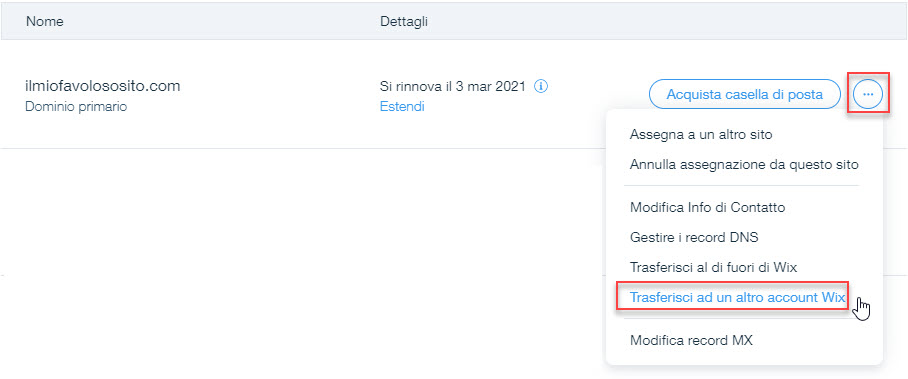Screenshot del Pannello di controllo del sito Wix con l'opzione Trasferisci ad un altro account Wix in evidenza