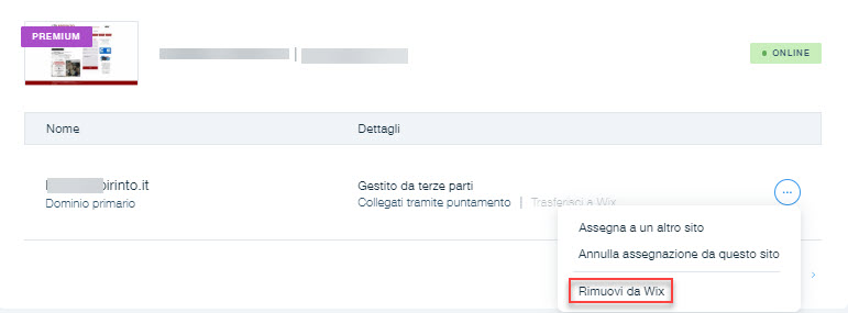 Screenshot che mostra l'opzione Rimuovi da Wix per un dominio collegato