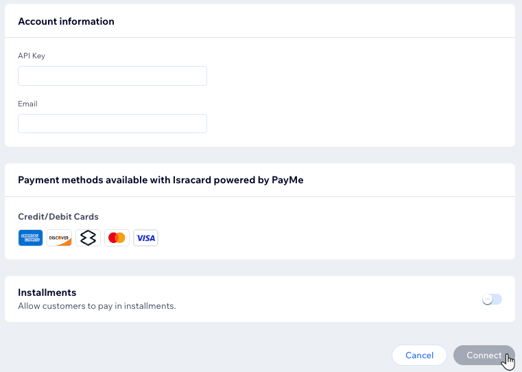 Wix에서 Isracard를 결제 제공업체로 연결할 때의 계정 정보 섹션 스크린샷